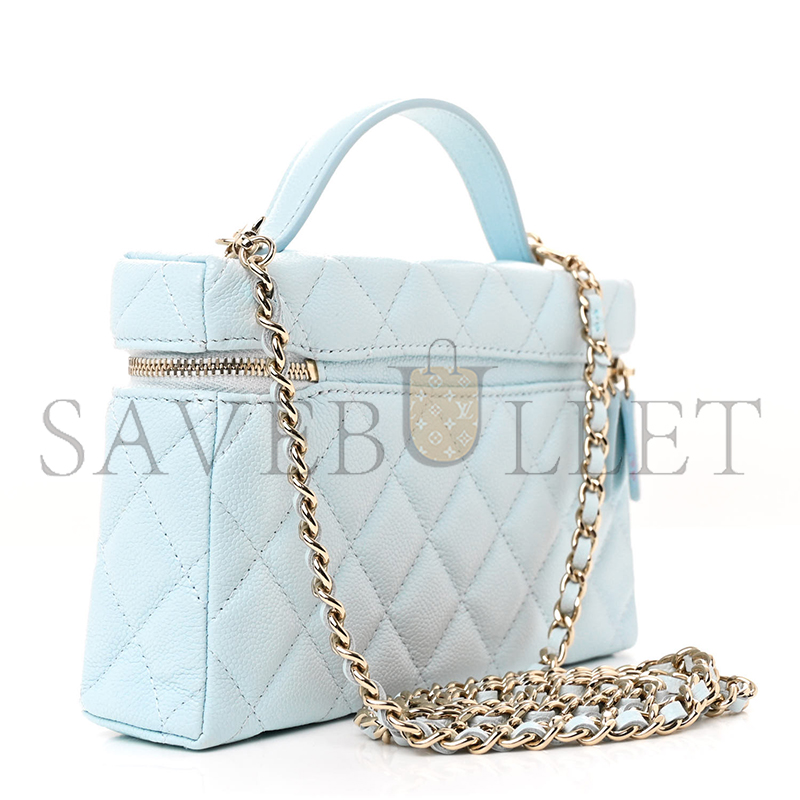 CHANEL CC TOP HANDLE LONG VANITY CASE WITH CHAIN SHINY CAVIAR LIGHT GOLD HARDWARE LIGHT BLUE AP4385 B10583 (19.5*17*5cm)